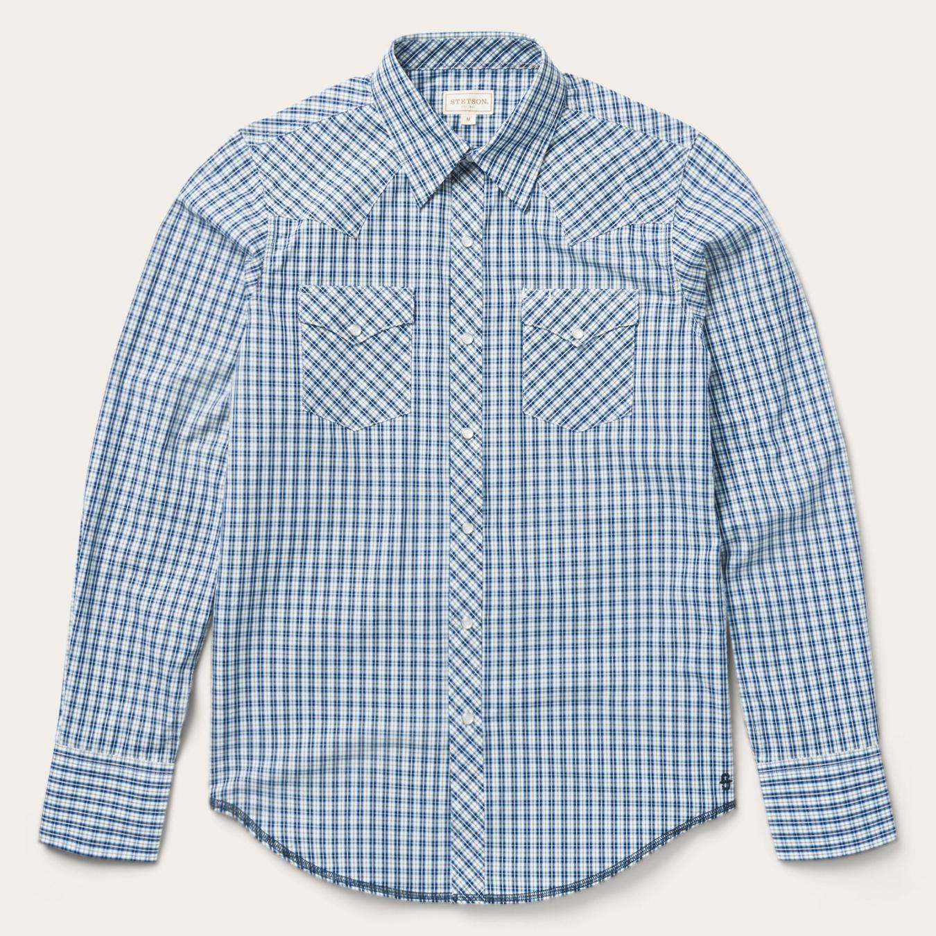 Men Modern Cut | Stetson Modern Snap Front Shirt In Mini Check Blue