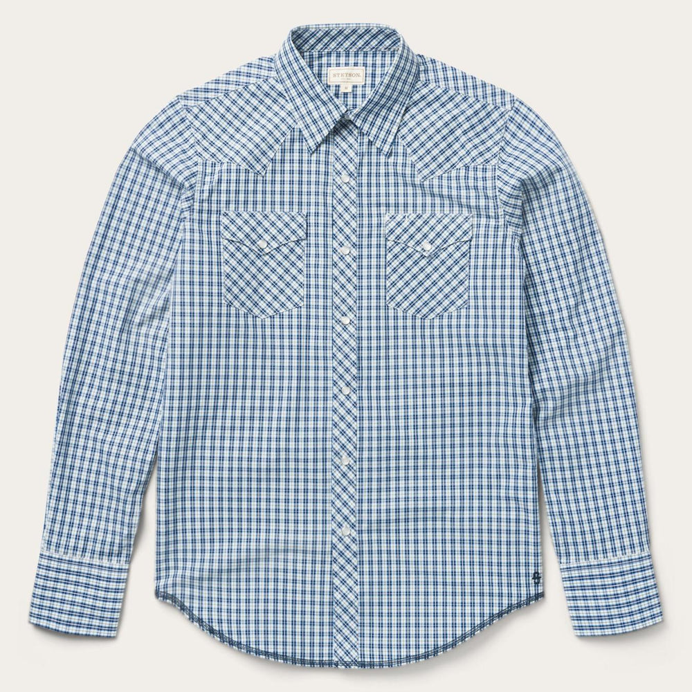 Men Modern Cut | Stetson Modern Snap Front Shirt In Mini Check Blue