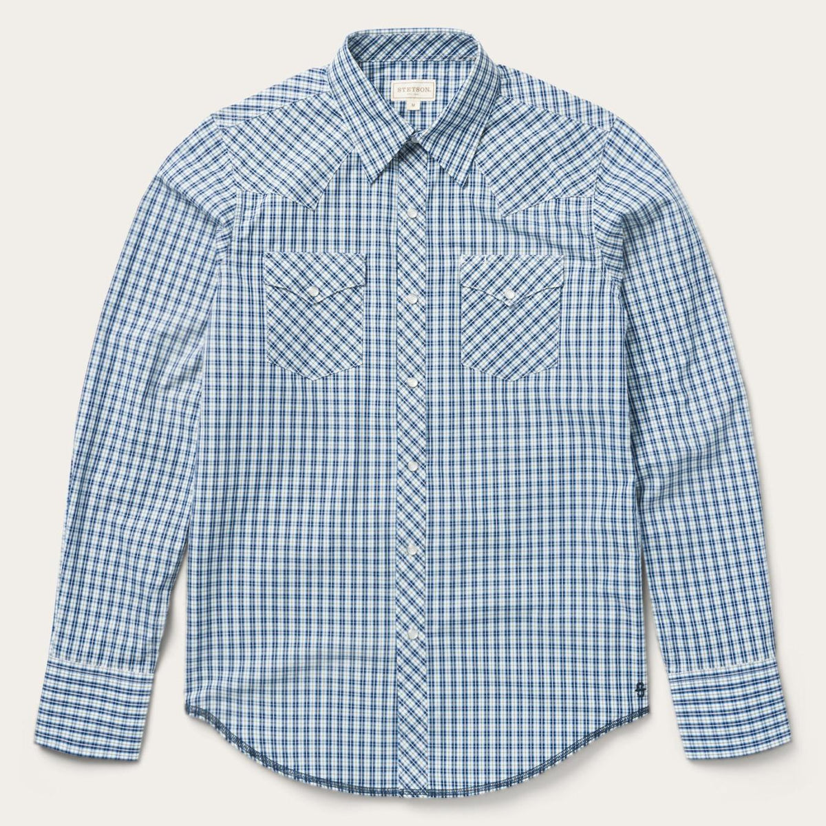 Men Modern Cut | Stetson Modern Snap Front Shirt In Mini Check Blue