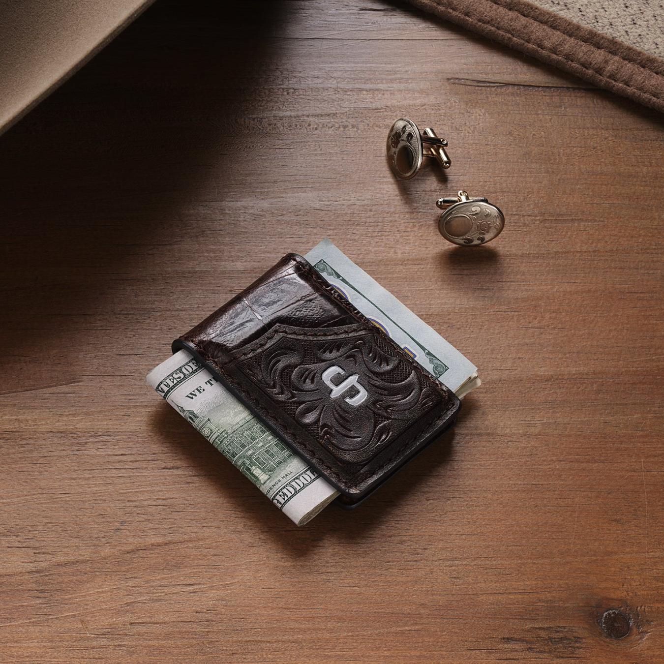 Men Wallets | Stetson Tooled Embossed Croco Money Clip Brown