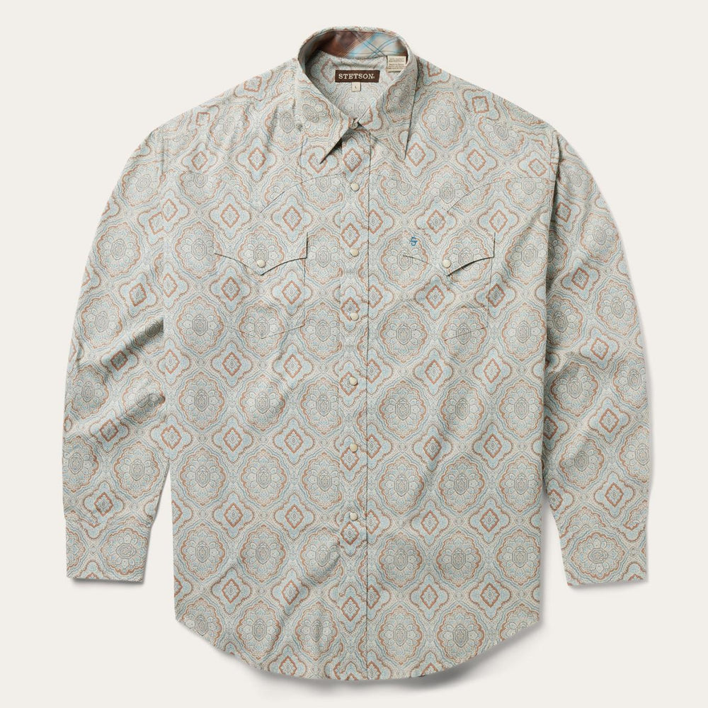 Men Western Shirts | Stetson Aqua Paisley Print Western Shirt Green
