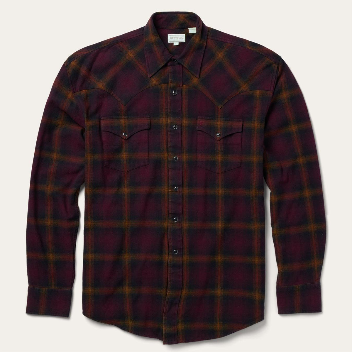 Men Western Shirts | Stetson Black Wine Plaid Flannel Western Shirt Wine