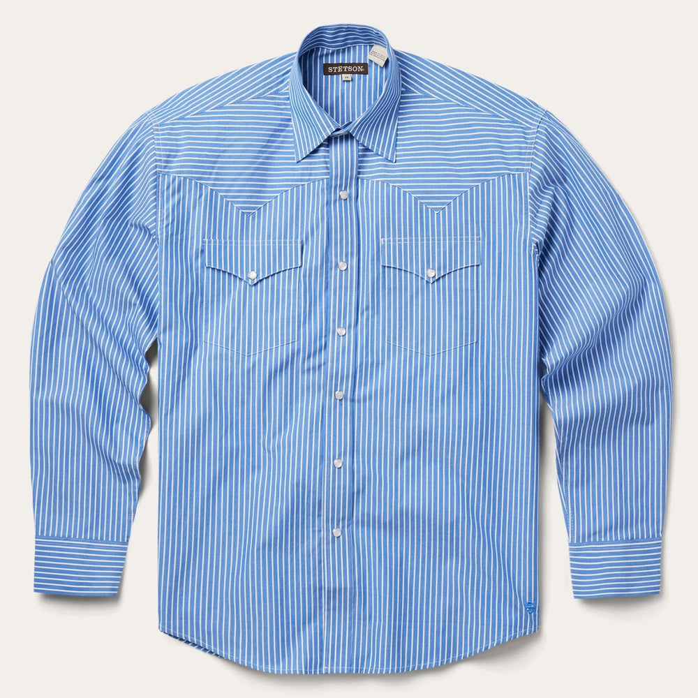 Men Western Shirts | Stetson Blue Western Stripe Shirt Blue