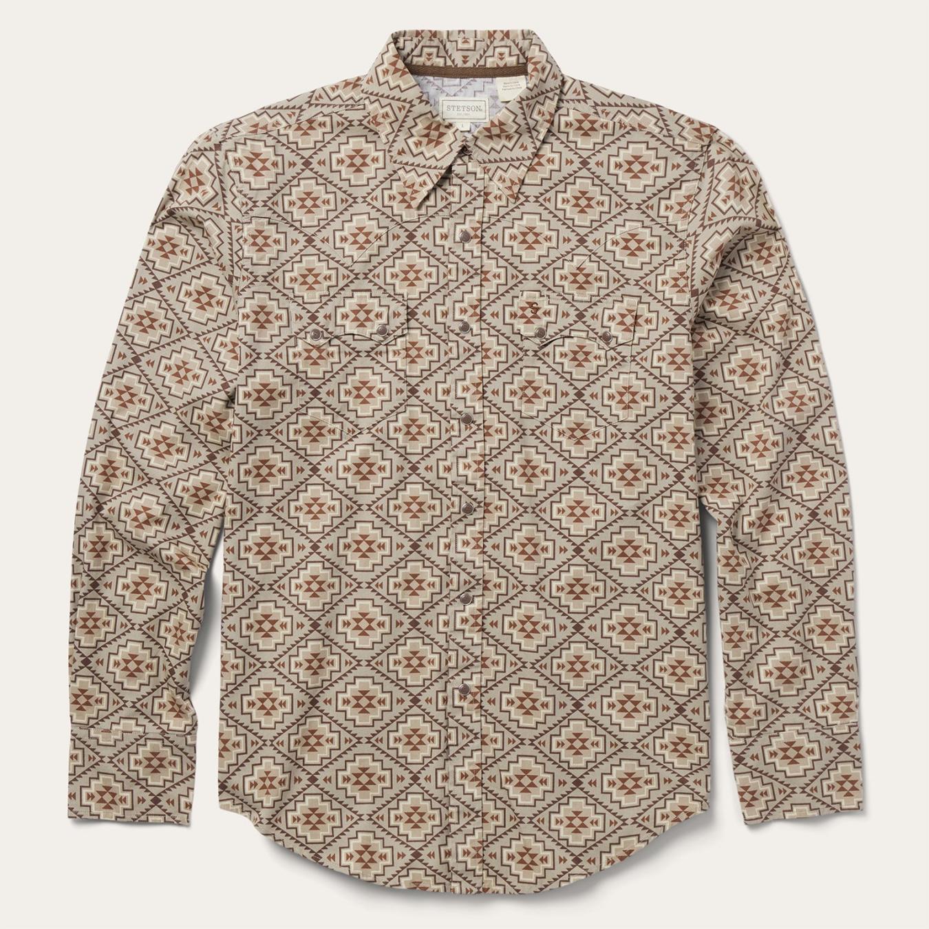 Men Western Shirts | Stetson Brown Aztec Poplin Western Shirt Brown