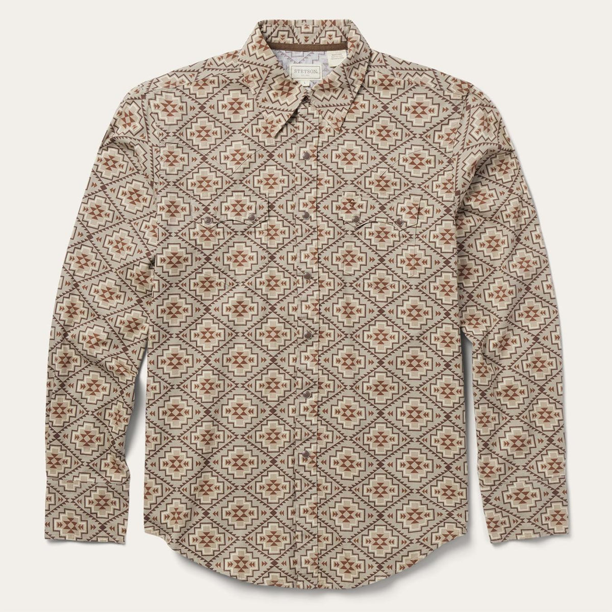 Men Western Shirts | Stetson Brown Aztec Poplin Western Shirt Brown