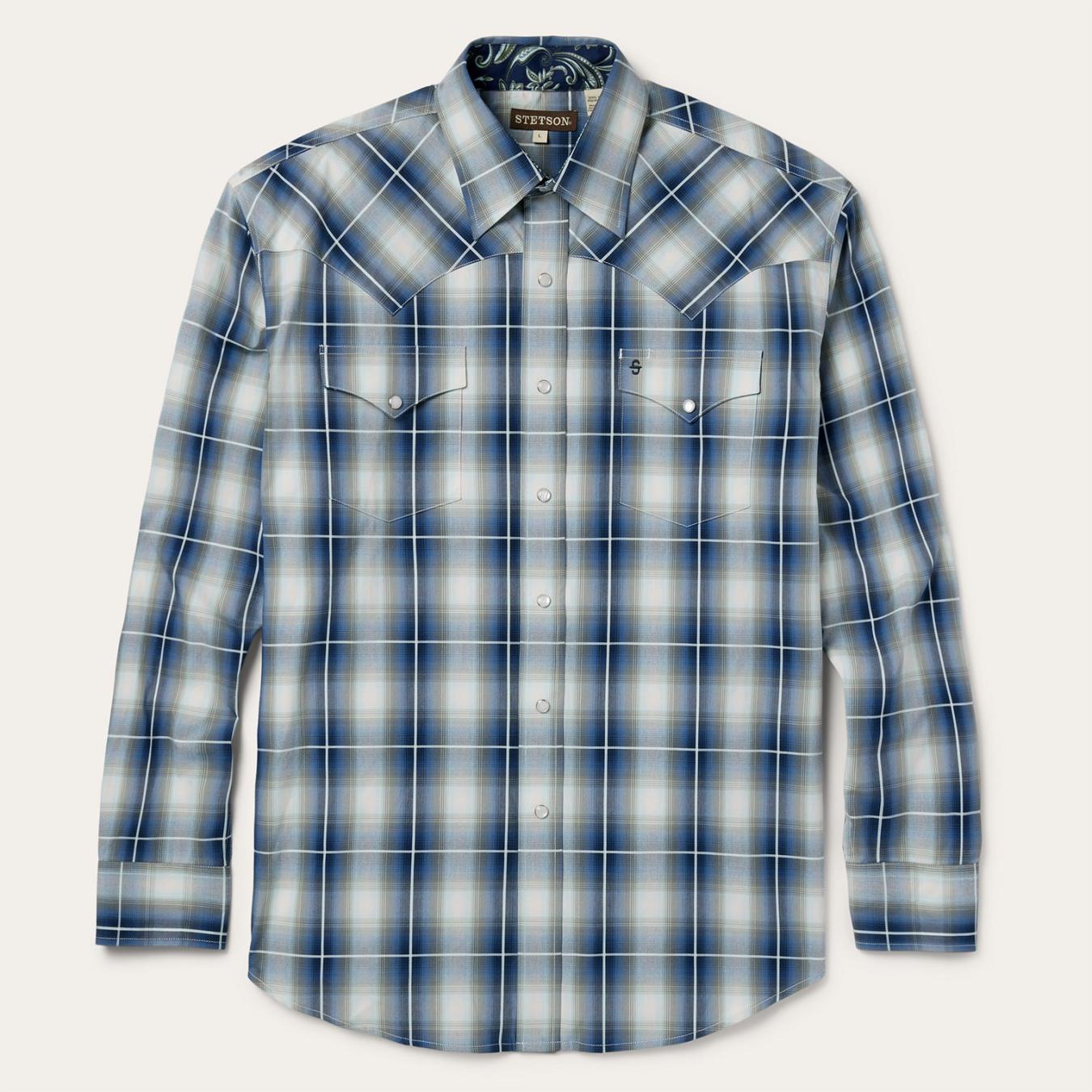 Men Western Shirts | Stetson Crystal Plaid Western Shirt Blue
