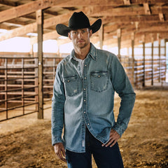 Men Western Shirts | Stetson Distressed Denim Western Shirt Blue