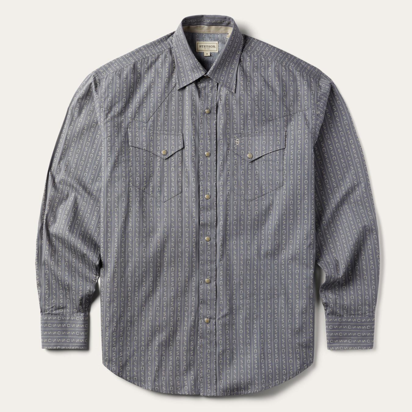 Men Western Shirts | Stetson Horseshoe Stripe Print Shirt Grey