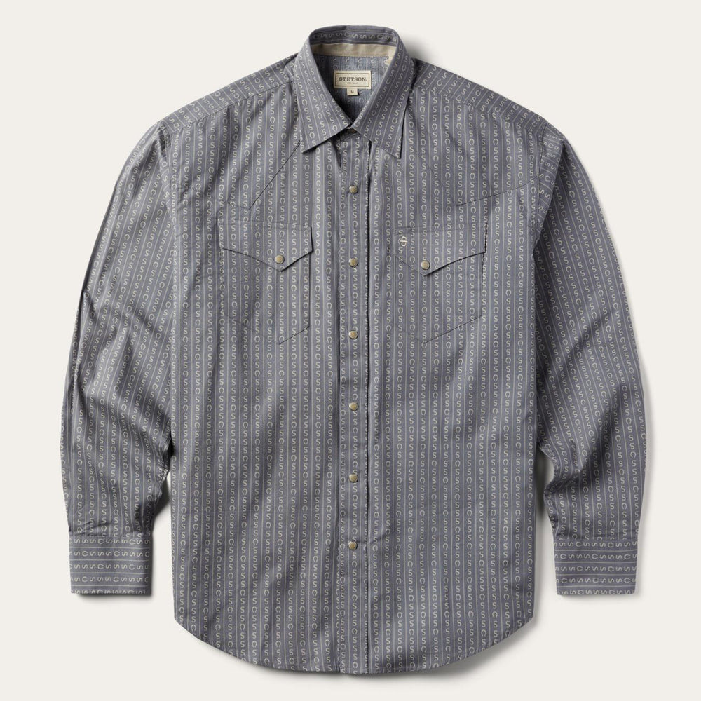 Men Western Shirts | Stetson Horseshoe Stripe Print Shirt Grey