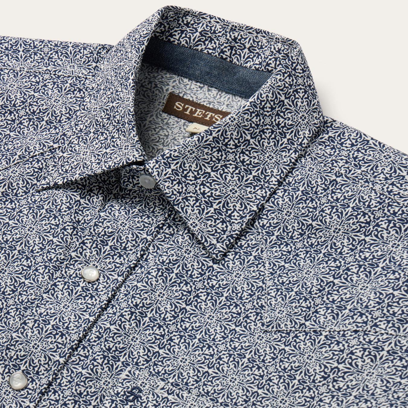 Men Western Shirts | Stetson Navy Print Short Sleeve Western Shirt Blue