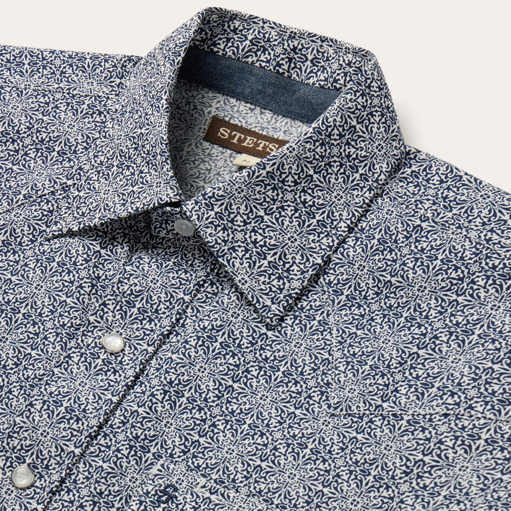 Men Western Shirts | Stetson Navy Print Short Sleeve Western Shirt Blue