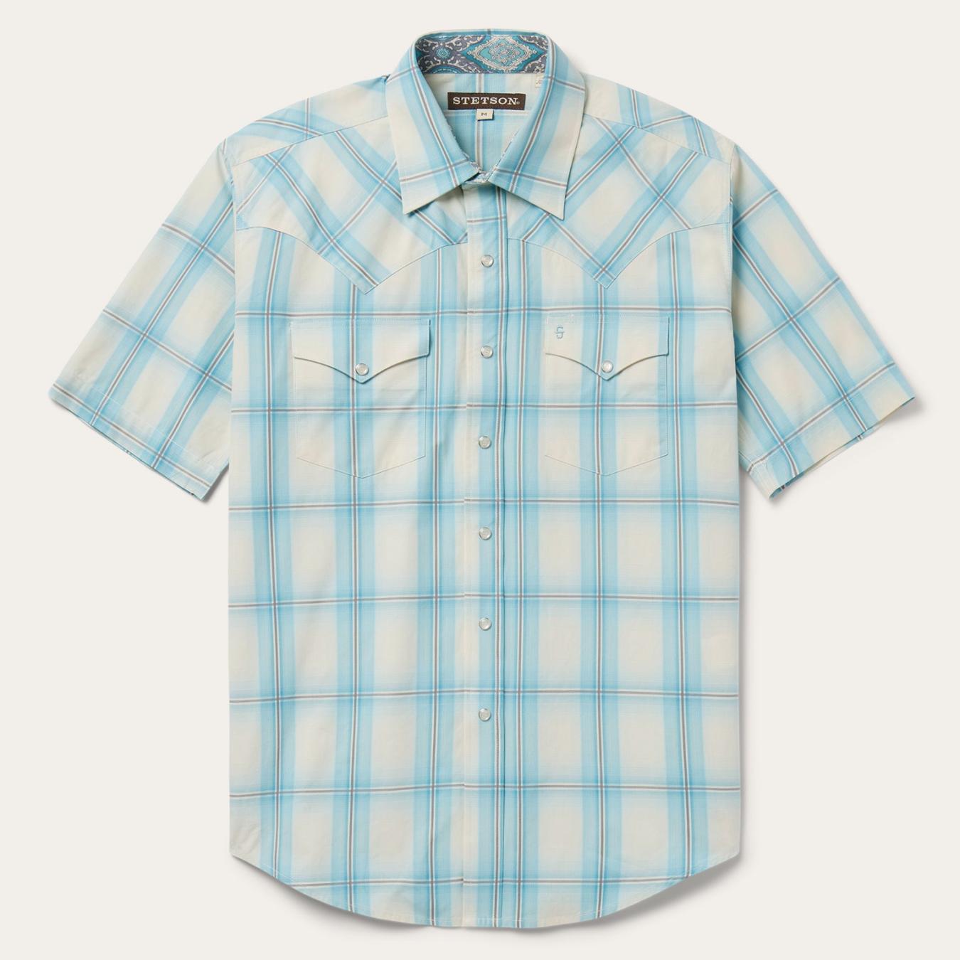 Men Western Shirts | Stetson Ombre Plaid Short Sleeve Western Shirt Blue