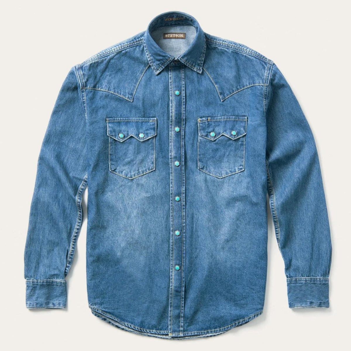 Men Western Shirts | Stetson Turquoise Snap Western Denim Shirt Blue