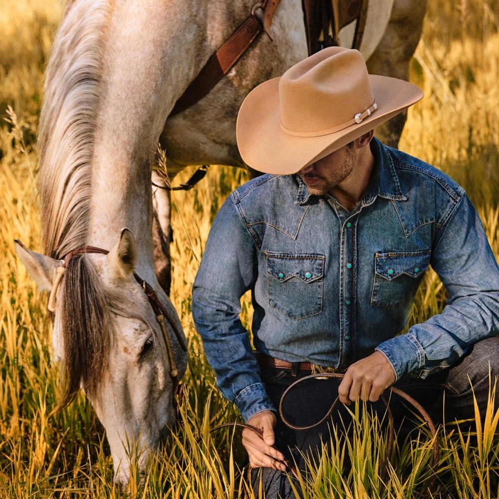 Men Western Shirts | Stetson Turquoise Snap Western Denim Shirt Blue