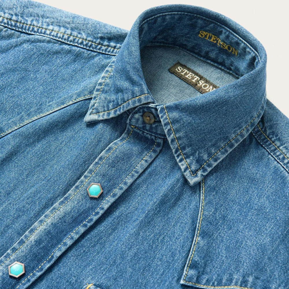 Men Western Shirts | Stetson Turquoise Snap Western Denim Shirt Blue