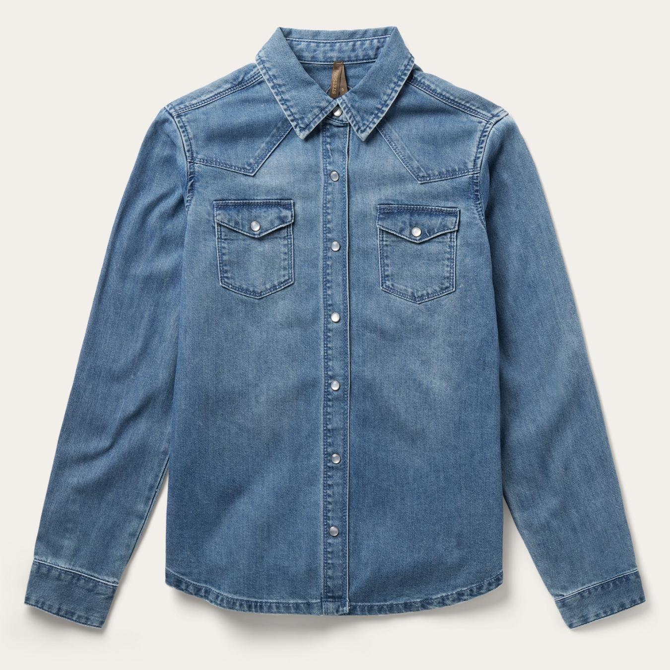 Women Denim Shirts | Stetson Embroidered Boyfriend Fit Denim Shirt Blue