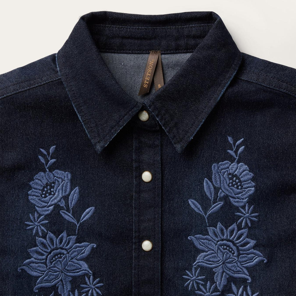 Women Denim Shirts | Stetson Embroidered Dark Denim Snap Front Shirt Blue