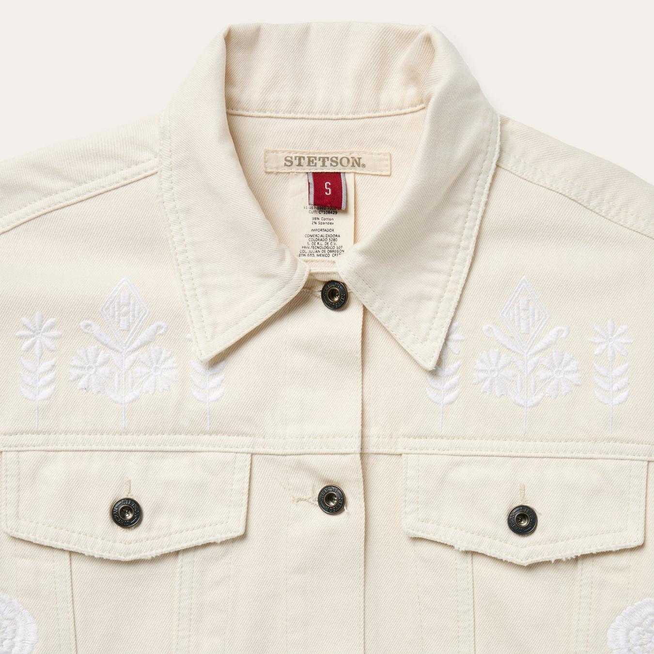 Women Jackets | Stetson Embroidered Cream Denim Jacket White