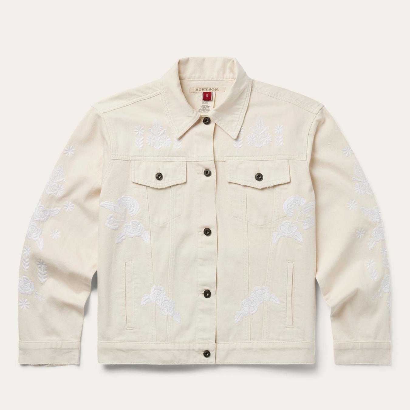 Women Jackets | Stetson Embroidered Cream Denim Jacket White