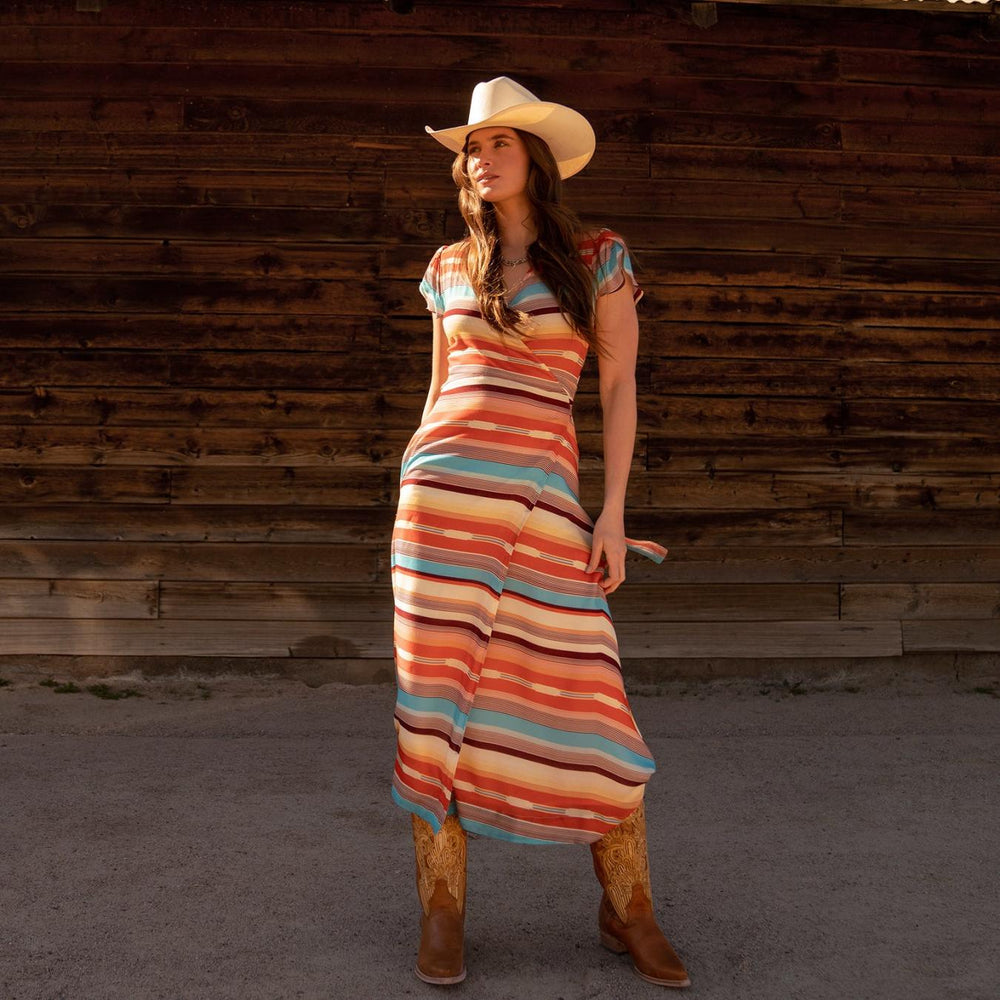 Women Midi | Stetson Sunset Serape Print Rayon Herringbone Wrap Front Dress Multi