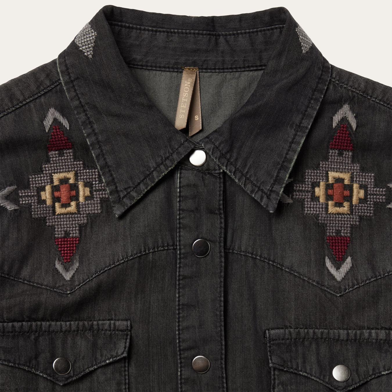 Women Mini | Stetson Embroidered Black Denim Shirt Dress Black