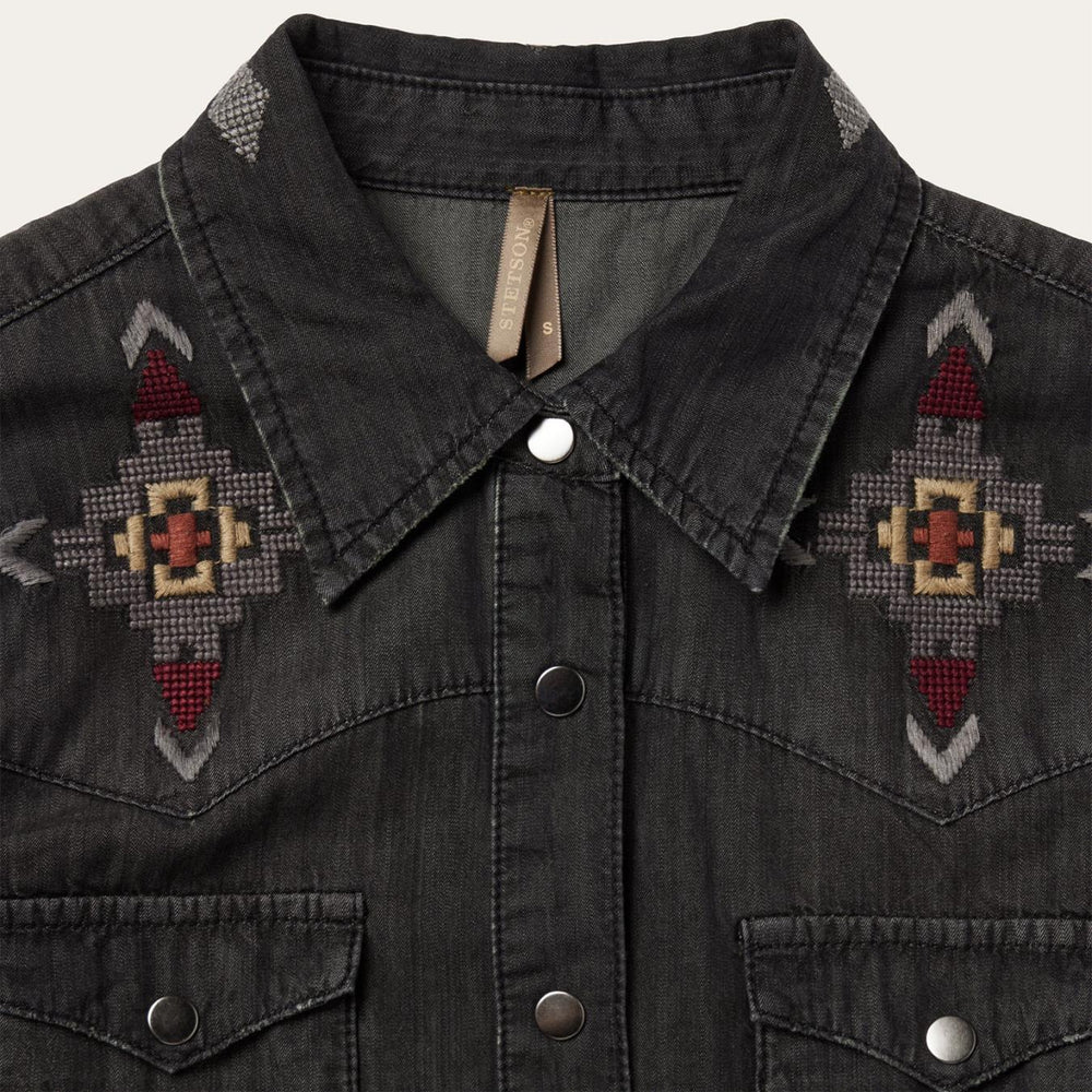 Women Mini | Stetson Embroidered Black Denim Shirt Dress Black