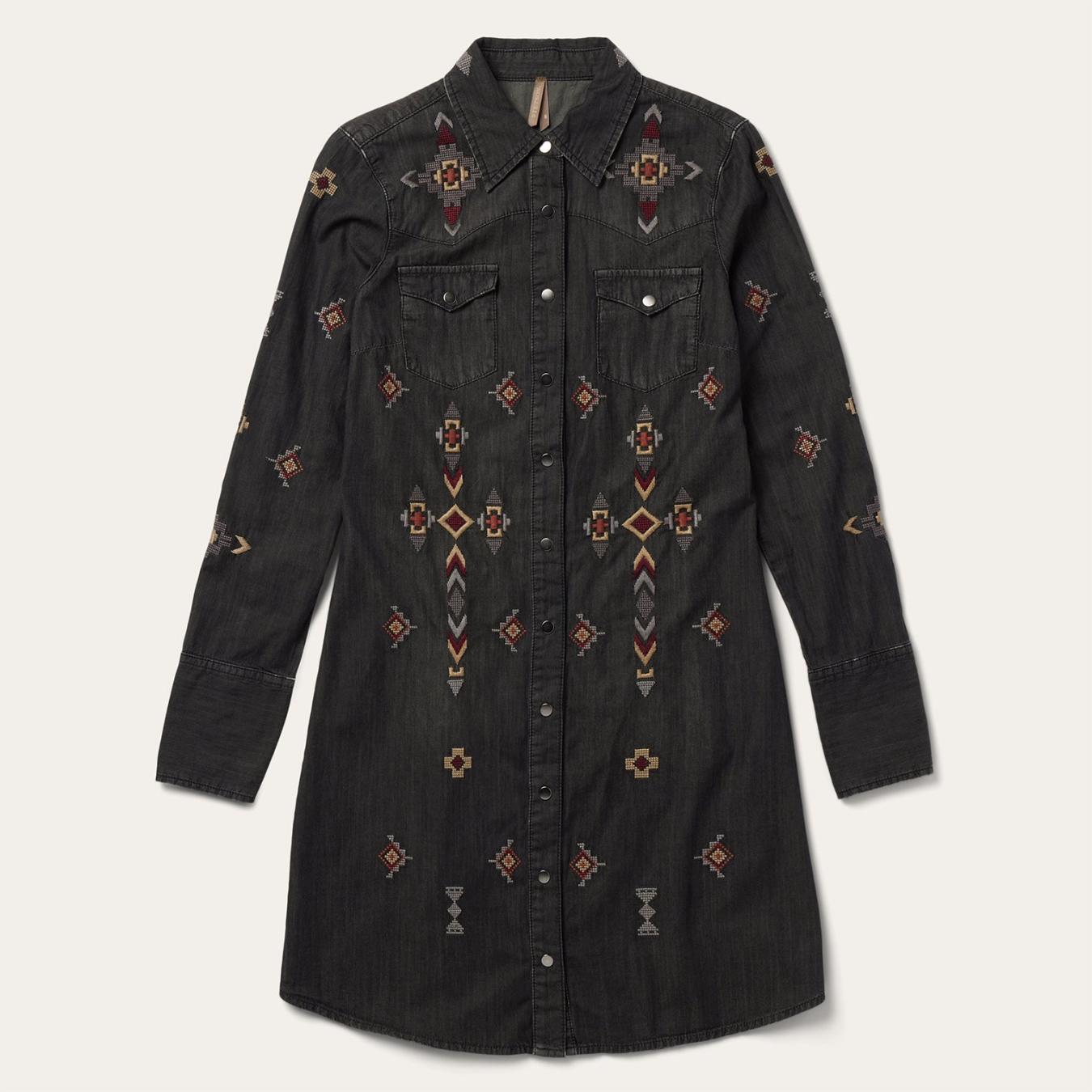 Women Mini | Stetson Embroidered Black Denim Shirt Dress Black