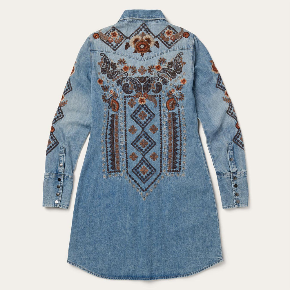 Women Mini | Stetson Floral Embroidered Denim Shirt Dress Blue