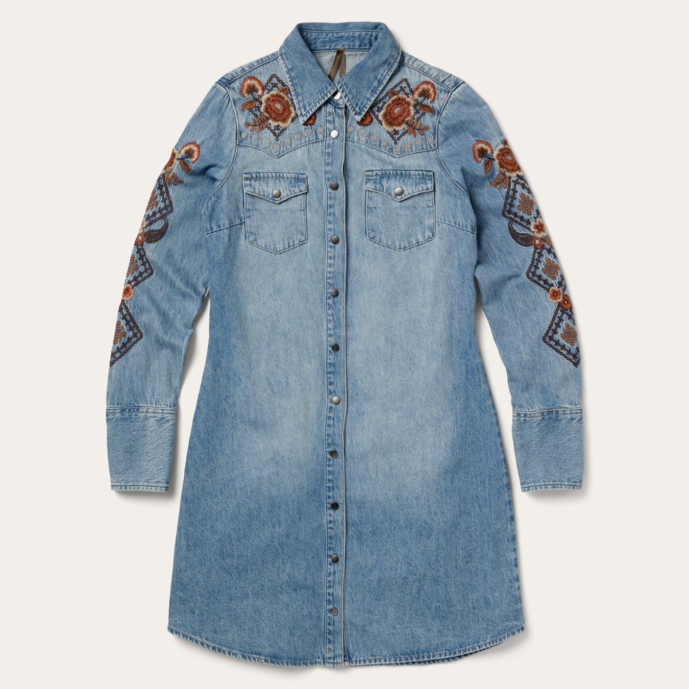 Women Mini | Stetson Floral Embroidered Denim Shirt Dress Blue