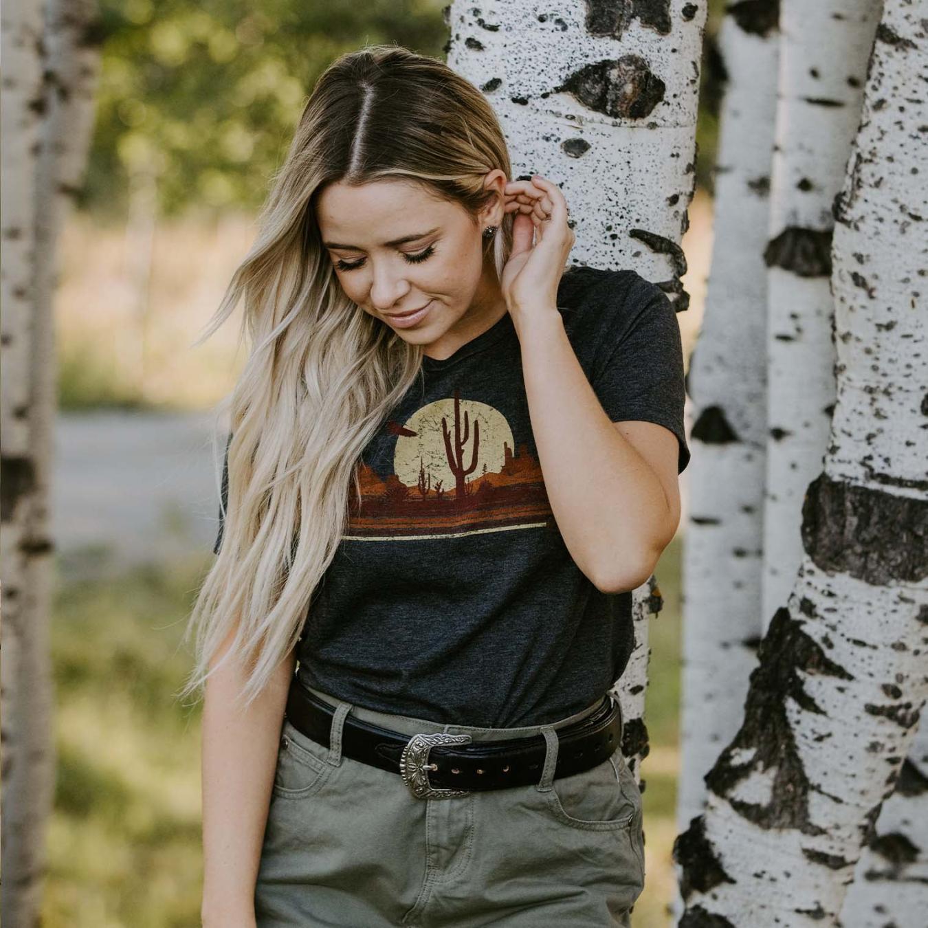 Women Tees | Stetson Riding Into The Sunset Graphic Tee Grey