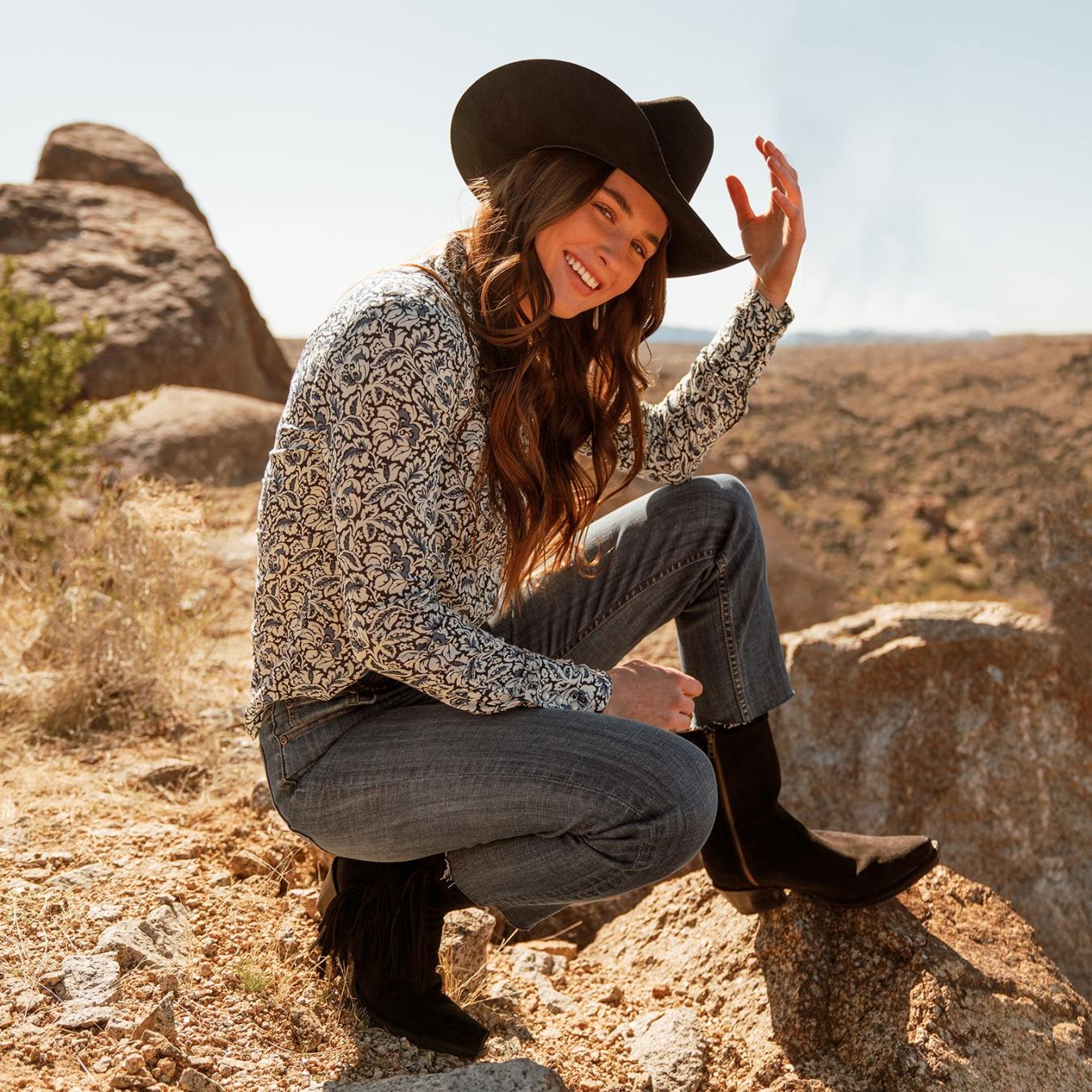Women Western | Stetson Halle Suede Fringe Side Zip Boot Black