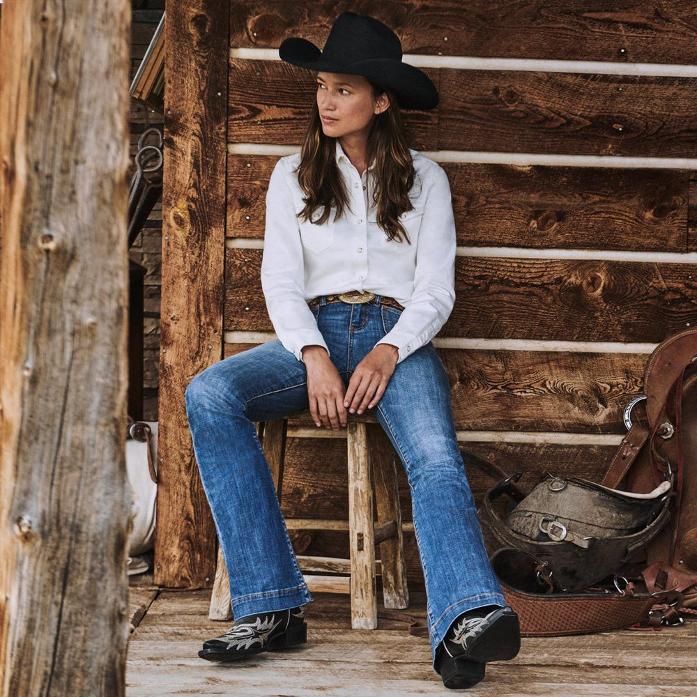 Women Western | Stetson Tina Black &amp; White Flame Embroidered Cowboy Boot Black