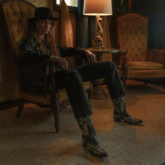 Women Western | Stetson Tina Black &amp; White Flame Embroidered Cowboy Boot Black