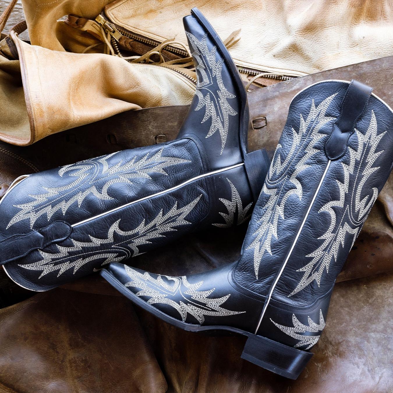 Women Western | Stetson Tina Black &amp; White Flame Embroidered Cowboy Boot Black